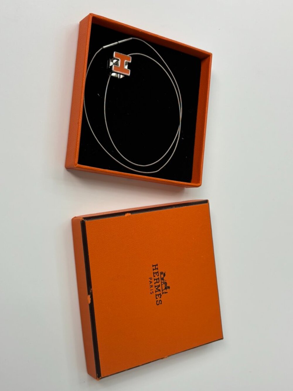 Hermès Cage d’H Cube Necklace - Signature Orange Enamel & Silver-Tone Palladium